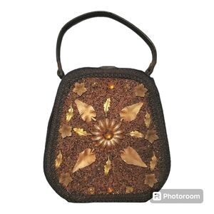 Vintage Caron Houston Hand Decorated Handbag Purse Black Gold Beaded Flowers